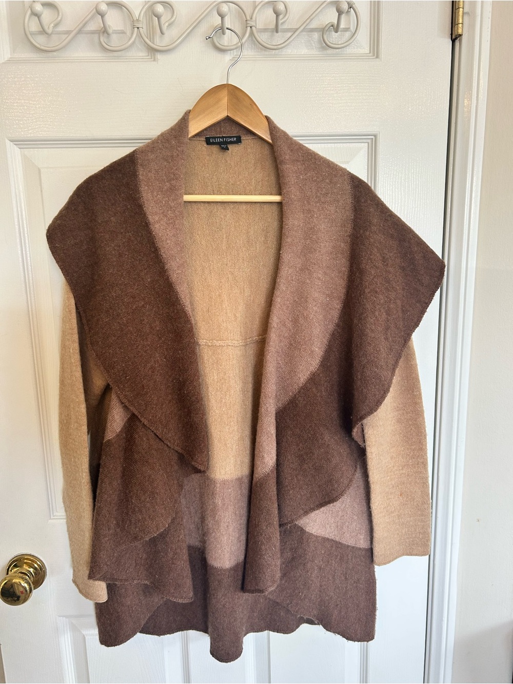 Eileen Fisher Two-Tone Brown & Tan Draped Cardigan | 100% Merino Wool | Size L